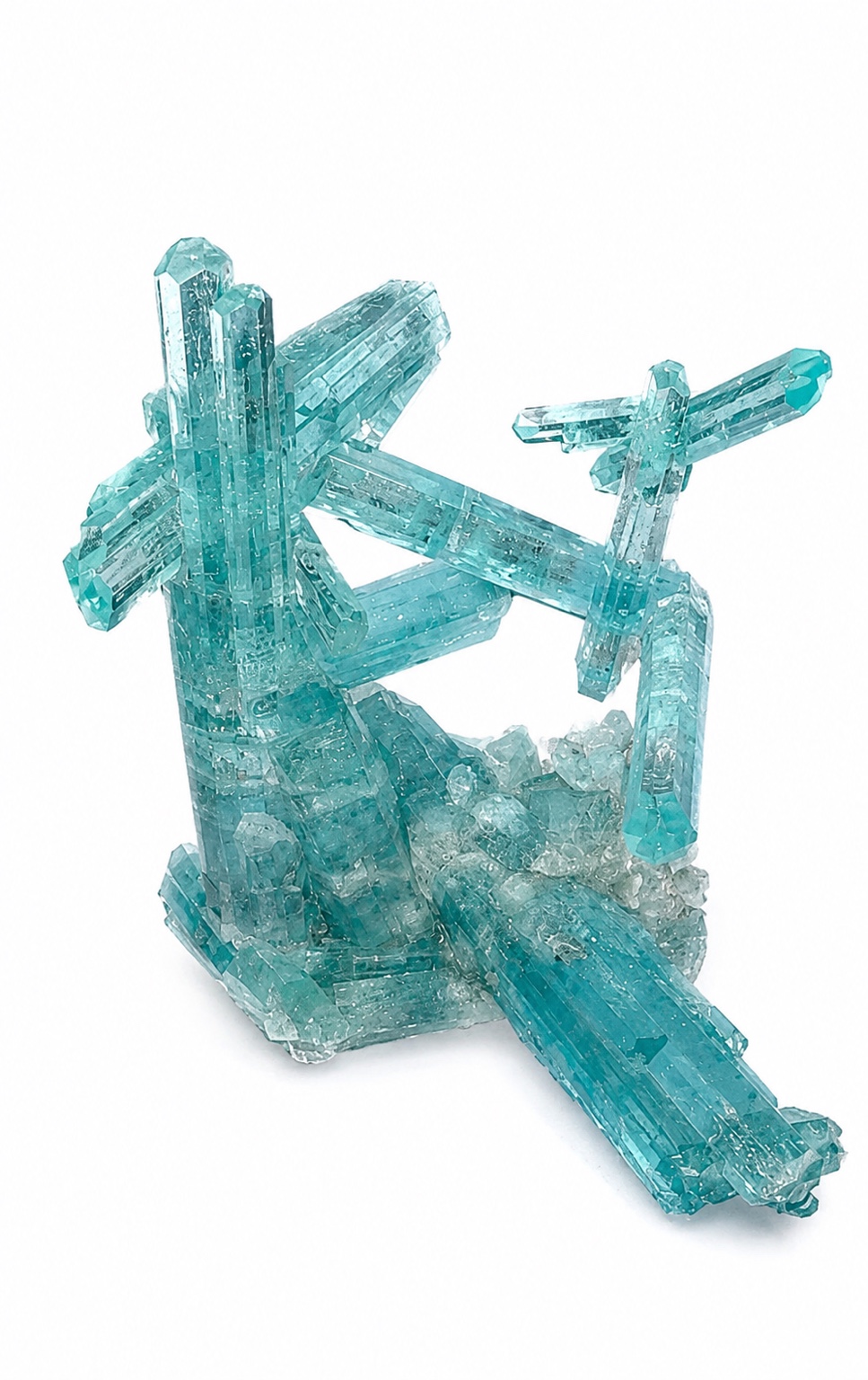 Bright blue aquamarine crystal cluster