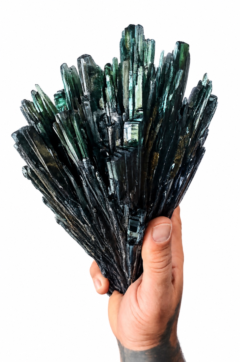 Large dark green tourmaline crystal cluster